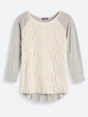Market & Spruce Bernadette Lace Overlay Raglan Top Medium Blouse Shirt Grey